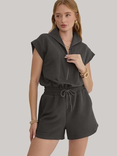 Image of Rompers for Women Summer Short Sleeve Half Zip Lapel Collar Jumpsuit Casual Drawstring One Piece Outfits with Pockets