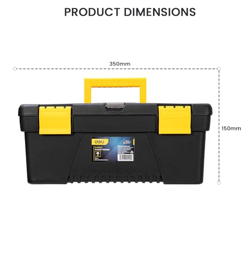 Image of Deli DL432414 14 inch Multipurpose Tool Box with Transparent Storage Isolation Tray & Two Layer Folding Structure Carry Handle Hand Tools Kit for DIY Home and Professional Use (Pack of 1, Yellow /Black)