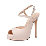 Joseywade Slingback Heels Women's Platform Sandals Peep Toe Stiletto High Heel Pumps 5 Inch Party Dance Dressy Shoes for Work Office Casual Party Wedding Matte Beige US Size 9.5
