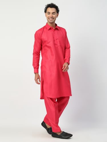 Image of Men's Traditional Pathani Kurta Salwar Set, Red, Long Sleeve, Collared Neck, Cotton Blend, Ethnic Wear