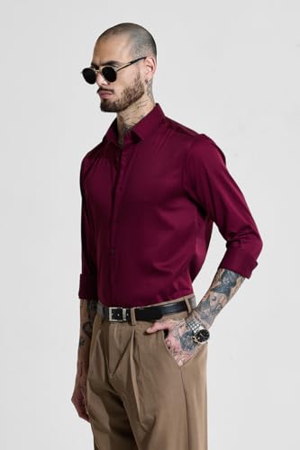 Image of SNITCH Men Formal Shirt | Slim Fit Long Sleeve Spread Collar Solid Design | Premium Cotton Blend & Breathable Fabric for Office & Casual Wear