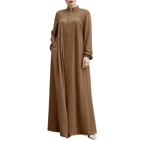 2026 Vestido de mujer de estilo musulmán, cuello alto, cremallera, vestido casual suelto, café, S