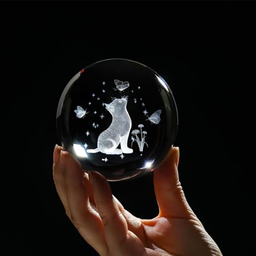 Image of Arikyrist 3D Crystal Cat Figurine With Wooden LED Light Base, 80Mm Crystal Ball Decor, Laser Engraved Glass Sphere Gifts for Cat Lovers