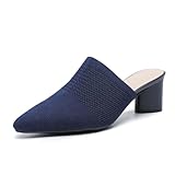 NourIron Women’s Knit Closed Pointed Toe Chunky Heel Mules Fashion Mesh Breathable Low Block Heel Pump Sandals Comfortable Slip On Dress Party Shoes (Blue,10)