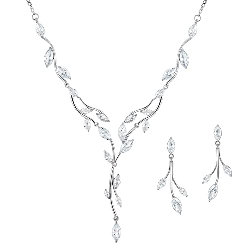 SWEETV Jewelry Set for Women, Cubic Zirconia Marquise Vine Cluster Bridal Earrings and Necklace Set, Bridal Jewelry Set for Wedding Prom
