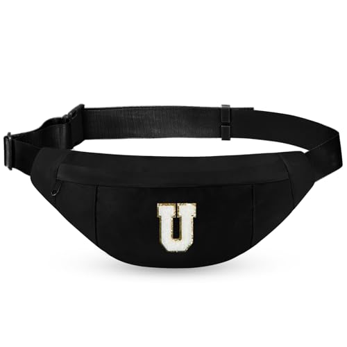 Image of Birthday Gifts for Women Men,Personalized Fanny Pack Crossbody Bag Waist Pack with Initial Letter Patch,Christmas Gifts Cute Trendy Stuff for Daughter Sister Her,Black U