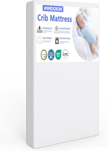 Image of iMMDOKIN Hypoallergenic Crib Mattress Certified, Dual-Sided Baby & Toddler Crib Mattresses, Waterproof, Machine Washable Cover, Memory Foam, Standard Size, 5" Thick