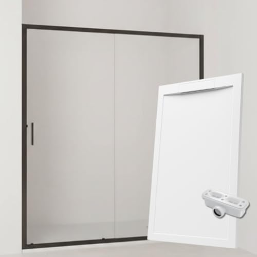 Pack Mampara Ducha Frontal Corredera + Fijo con Perfil inferior/negro mate 160 cm y Plato blanco irrompible ultraligero antideslizante 160X70cm