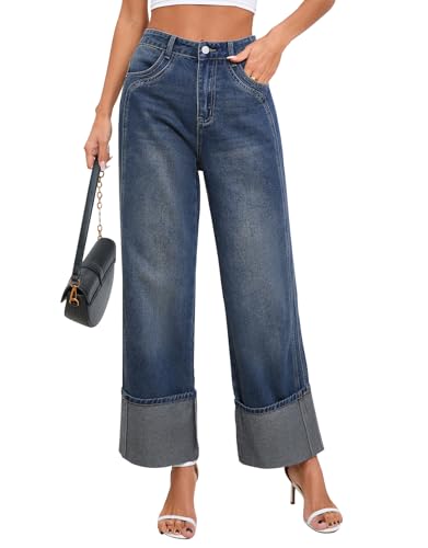 Ladyful Womens Wide Leg Cuffed Jeans High Waisted Rise Baggy Sweatpant Jeans Straight Leg Denim Pant Trouser