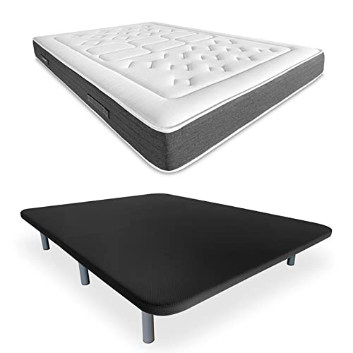 DUÉRMETE ONLINE - Pack Base Tapizada 3D Reforzada Anti Ruido con 5 Barras de Refuerzo Colchón Viscoelástico Bio Nature 6 Patas metálicas roscadas de 27cm, 135x190, Negro