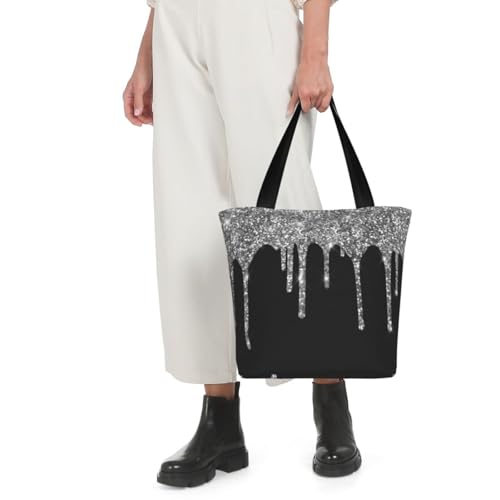 Silver Glitter Drips Sparkle Black Shoulder Bag, High-Density Polyester Tote With Zipper Closure & Inner Pocket, Spacious & Lightweight For Market, Beach & Travel4