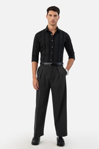 Image of SNITCH Men Casual Trousers | Baggy Fit Wide-Leg Design with Pleated Front & Button Closure | Durable Polyester Blend & Medium-Stretch Fabric for Summer Wear