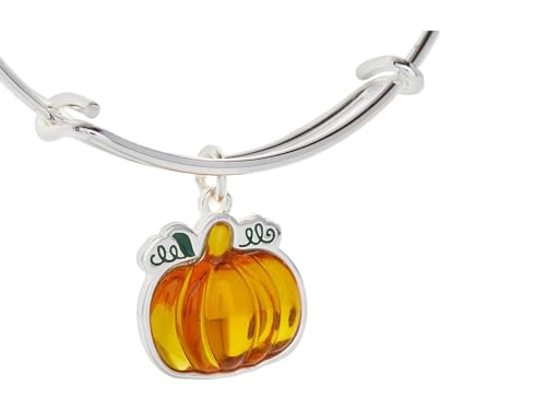 Alex and Ani Pumpkin Expandable Wire Bangle Bracelet, Shiny Silver Finish, Orange Pumpkin Charm, 2 to 3.5 in2