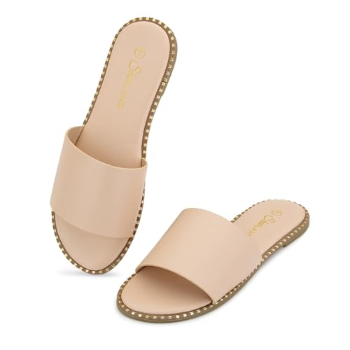Image of Shoe Land Flat Sandals for Women - Slip-On Slides with Cushioned Footbed | Comfortable Dressy & Casual Open Toe Summer Sandals for Beach, Travel & Everyday Wear