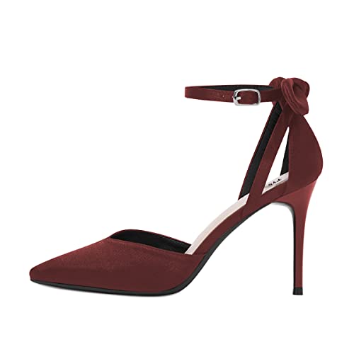 FYS Women Pointed Toe Ankle Strap D'Orsay Pumps Stiletto High Heels Bow Tie Back Suede Dress Party Wedding Cute Ladies Shoes Size 4-15 US4