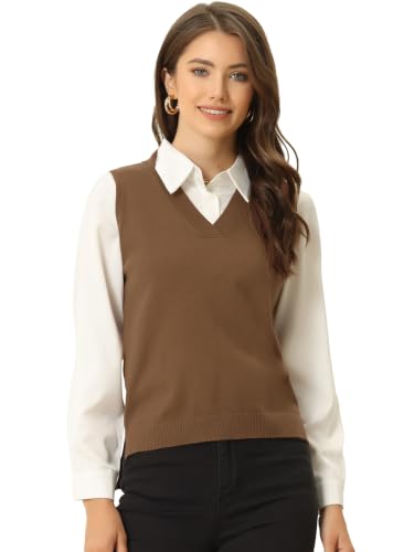 Image of Allegra K Women's V Neck Sweater Vest Knit Pullover Sleeveless Sweater Top | v neck, sleeveless, solid color, high low hem, basic pullover sweater vest, knit fabric, spring casual top