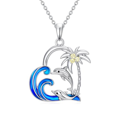 Collier dauphin cœur pour femme en or blanc 18k et émail bleu