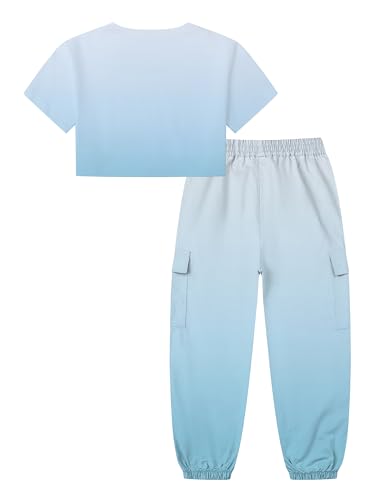Image of Betusline Girls' Gradient Short Sleeve Crop Tops & Cargo Pants Set, Regular Fit,Perfect for Young Girl,Light Blue Gradient, 6-7 Years = Tag 130