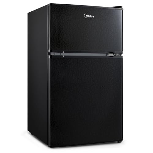 Midea WHD-113FB1 Double Door Mini Fridge with Freezer for Bedroom Office or Dorm with Adjustable Remove Glass Shelves Compact Refrigerator, 3.1 cu ft, Black