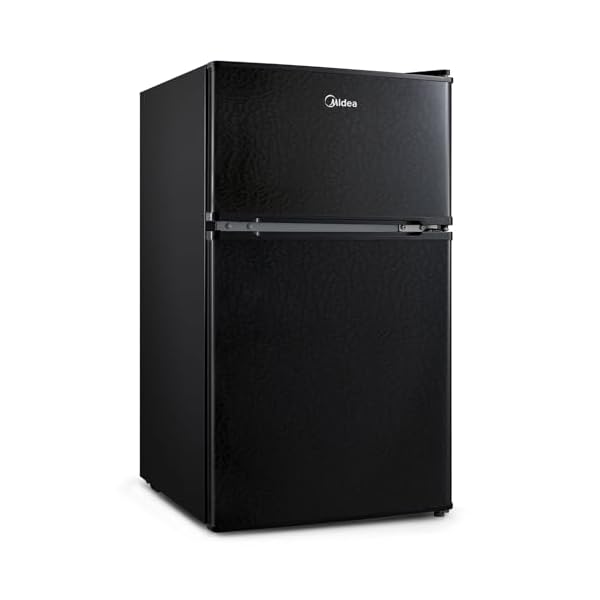 Midea WHD-113FB1 Double Door Mini Fridge with Freezer for Bedroom Office or Dorm with Adjustable Remove Glass Shelves Compact Refrigerator, 3.1 cu ft, Black