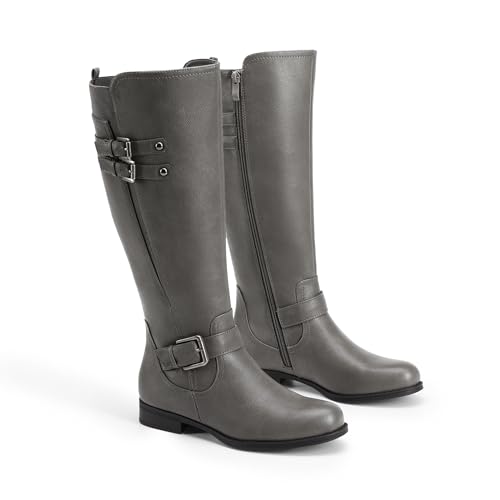 DREAM PAIRS Women's Knee High Riding Pirate Boots, Comfortable Low Chunky Heel Flat Motorcycle Buckle Boots for Women,Size 8.5,Grey,SDKB2413W