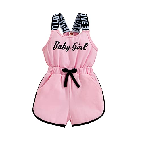 Bonangber Girl Summer Outfits Letter Print Sleeveless Romper Girls Shorts Jumpsuit Elastic Waist One Piece Summer Clothes(A-Pink,3-4T)