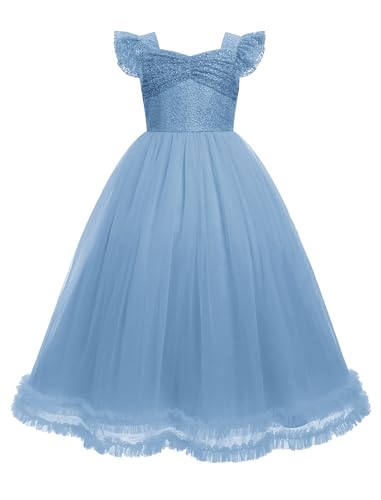 IBAKOM Flower Girl Formal Wedding Maxi Dress Flutter Sleeve Junior Bridesmaid Outfits Tween Pageant Tea Party Ball Gown2