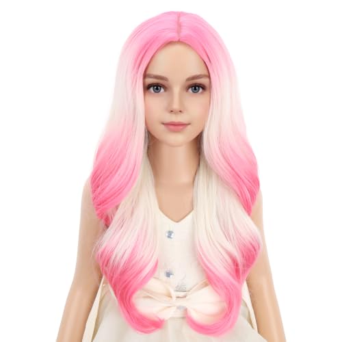 Image of PATTNIUM Ombre Pink Wig Kids Child Long Curly Wavy Lovely Pink Wig Blonde to Pink Middle Part Girls Wigs Heat Resistant Synthetic Hair Wigs