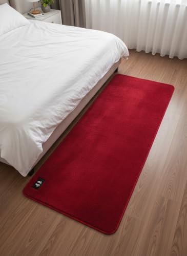 Image of Ultra Soft Bedside Runner Rug 22x55 Inch, Anti-Slip Floor Mat for Bedroom, Long Plush Carpet Runner for Bedside, Living Room, Hallway & Home Decor, Washable Comfortable Area Rug (Red)