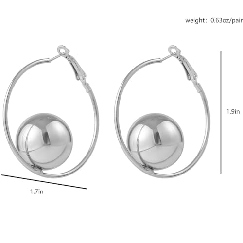 14K Gold Big Ball Drop Hoop Earrings for Women, Statement Silver Circle Large Polished Round Bead Dangle Earring Minimalist Aesthetic Party Jewelry Gift2