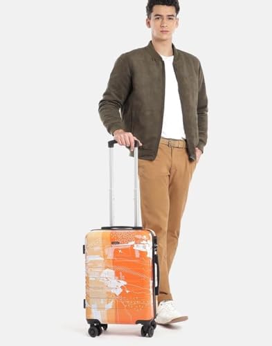 Image of TEAKWOOD LEATHERS Twin Printed 360 Degree Rotation Hard Cabin Trolley Bag (Orange, Small)