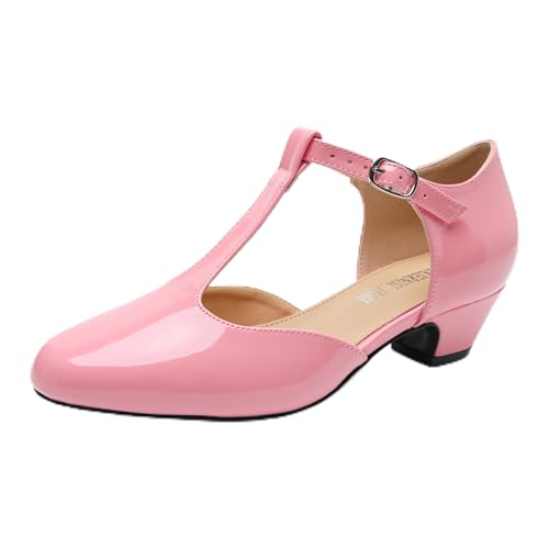 Image of MAIERNISI JESSI Women's T-Strap Mary Jane Pumps, Low Block Heel, Closed Toe, Buckle Ankle Strap
