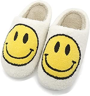 WSmiley Face Slippers, Comfy Soft Plush Cute Kawaii Warm Happy Feet, Fuzzy Fluffy Cozy Smile Slip On Lightweight Anti Slip Retro Slides, wear at Home Indoor Outdoor, for Women Men (Size 7-7.5 US Women WHITE)