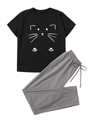 DIDK Women's Cartoon Print Round Neck Tee and Long Pants Pajama Set Black XS