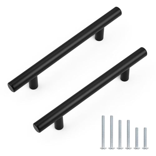 Probrico 6 Pack Hole Centers (102mm) 4inch Matte Black Cabinet Handles Stainless Steel Dresser Drawer Pulls Euro Pull Handle for Kitchen Cabinets 6.34inch Length