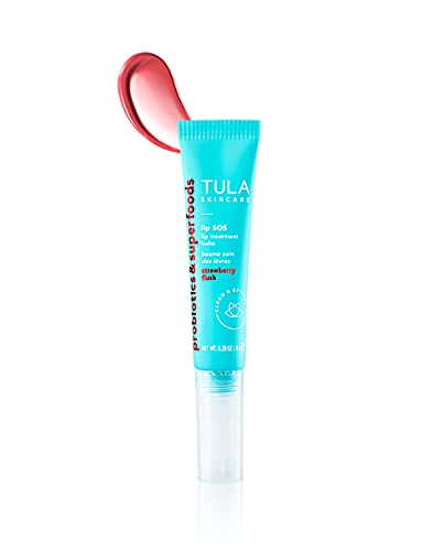TULA Skin Care Lip SOS | Lip Treatment Balm that Plumps, Smooths & Hydrates lips with a Glossy Tint, Strawberry Flush | .28 oz