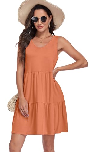 Image of Sundresses for Women Summer Sleeveless Tiered Swing V Neck Tank Dress | 2026 Casual Loose Tank Dress with Pockets, A-Line Flowy Beach Sun dress, Vacation Cruise Fashion Outfits