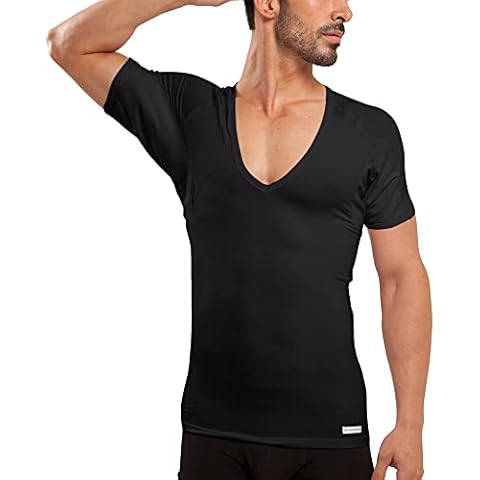 Ejis Men's Sweat Proof Undershirt, Deep V Neck, Anti-Odor, Micro Modal, Sweat Pads (XX-Large, Black) Cover