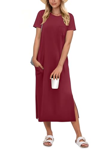 Image of ANRABESS Womens Midi Dress,Summer Long Tshirts Dresses,Short Sleeve Split Stripe,Comfy Travel Beach Vacation Casual Wear