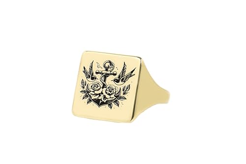 Bague ancre en or 14k gravée avec chevalière carrée haut de gamme