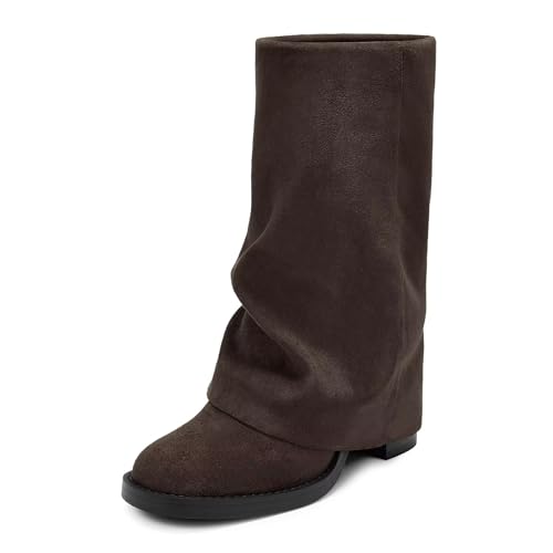 ISNOM Chocolate Brown Suede Boots for Women Mid Calf Fold Over Chunky High Heel Square Toe Fall Boots for Women Women's Shark Slouchy Boot for Party Daily Size 7