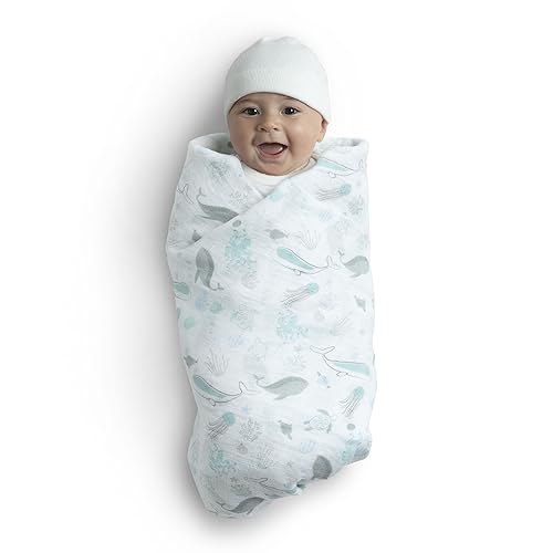 Image of Delta Children 100% Cotton Muslin Baby Receiving Blankets for Girls and Boys - 47x47 Inches (Pack of 2), Sea Life