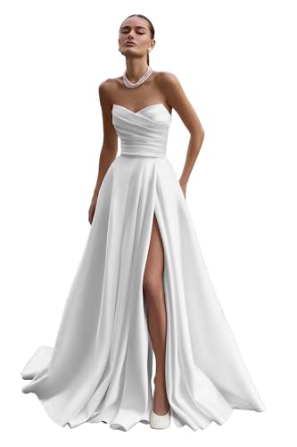 Satin Wedding Dresses with Slit Strapless Ball Gown for Women
