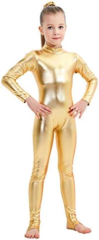 YgneeDom Girls Shiny Metallic Long Sleeve Unitard Spandex One Piece Wet Look Kid Bodysuit (Gold, S)