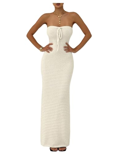 Milumia Womens Crochet Knit Strapless Maxi Dress Tie Front Bodycon Summer Beach Dresses White Large