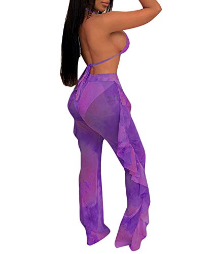 Ophestin Womens Sexy Halter Sheer Bikini Ruffle Long Pants Set 2 Piece Swimsuit2