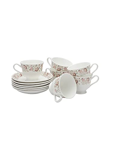 Image of Clay Craft New Georgian Series Fine Ceramic Cup&Saucer Set of 12 (6 Cups+6 Saucers) Red&White Floral Design-Gift to Your Loved Ones On Any Occassions.,Medium (Cc-Cs12-Newgeorgian-S398) 180 Milliliter