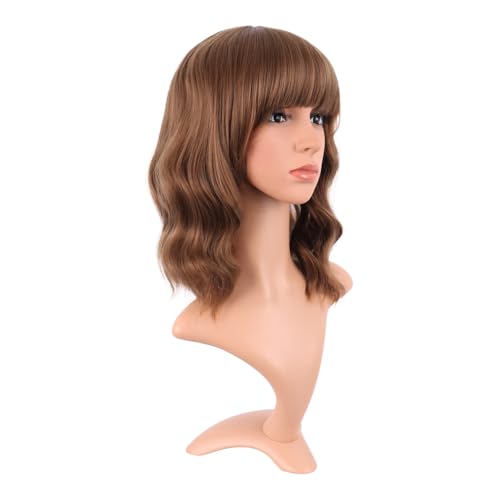 Image of MapofBeauty 14 Inch /35 cm Short Wavy Curly Women Fresh Bright Synthetic Ordinary Flat Bangs Bob Wig (Medium Brown)