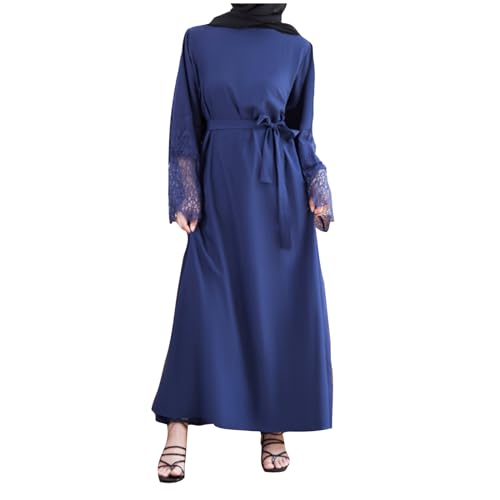 AnnSemo Women Muslim Dress Middle East Arabian Robe Islamic Lace Stitching Long Sleeve Maxi Dress Temperament Prayer with Belt Abaya Jilbab Dubai Kaftan for Eid Ramadan