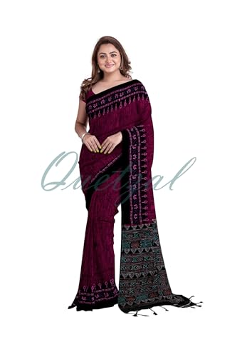 Image of Quetzal Women's Magenta Pure Cotton Sambalpuri Batik Print Saree with Unstitched Blouse - Lightweight Comfortable Saree for Daily & Office Wear